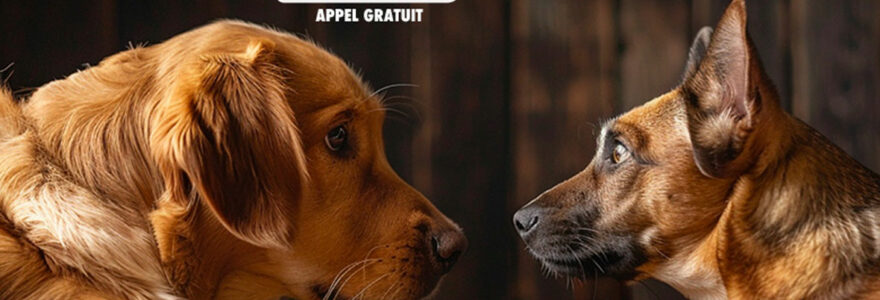 Deux chiens couchés, face à face, un golden retriever et un corghi